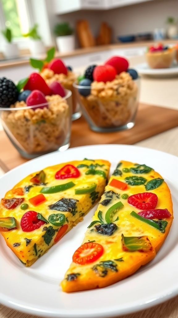 A healthy breakfast plate with vegetable frittata and oatmeal cups topped with berries.